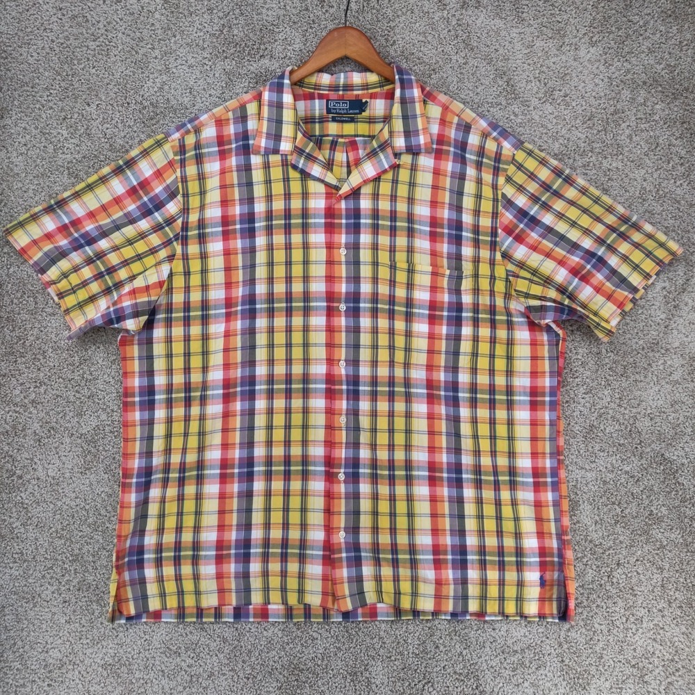 Polo Ralph Lauren Caldwell Camp Shirt Mens 2XL 2X Big Madras Plaid Short Sleeve